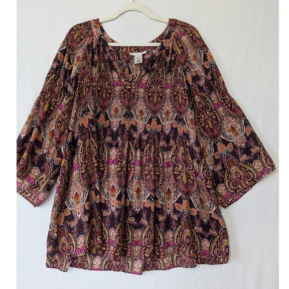 Spense‎ Womens Accordion Pleat Brown Paisley Boho Top Plus Size 1X Lightweight - Picture 1 of 6